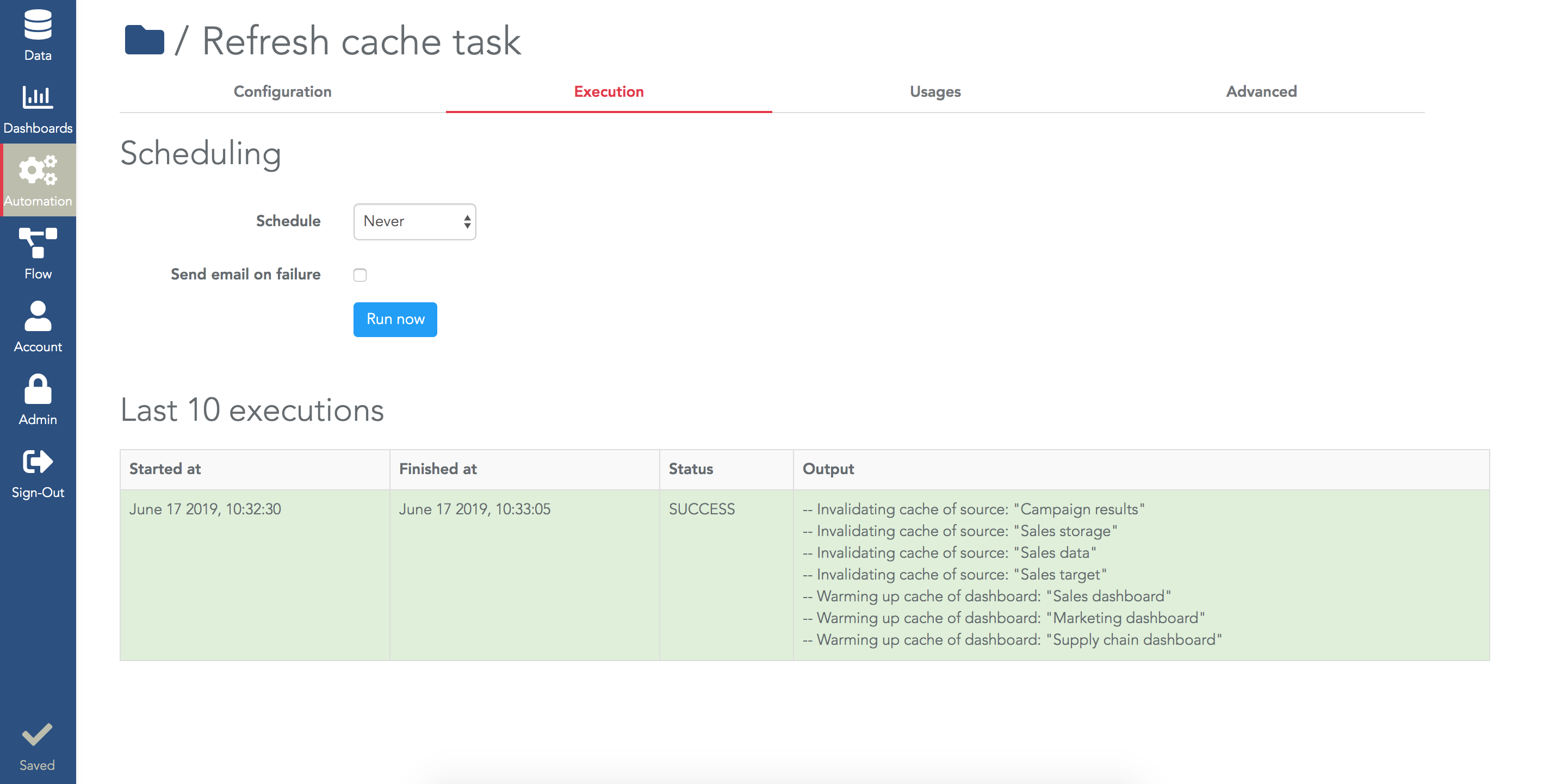 Output of the reload cache task