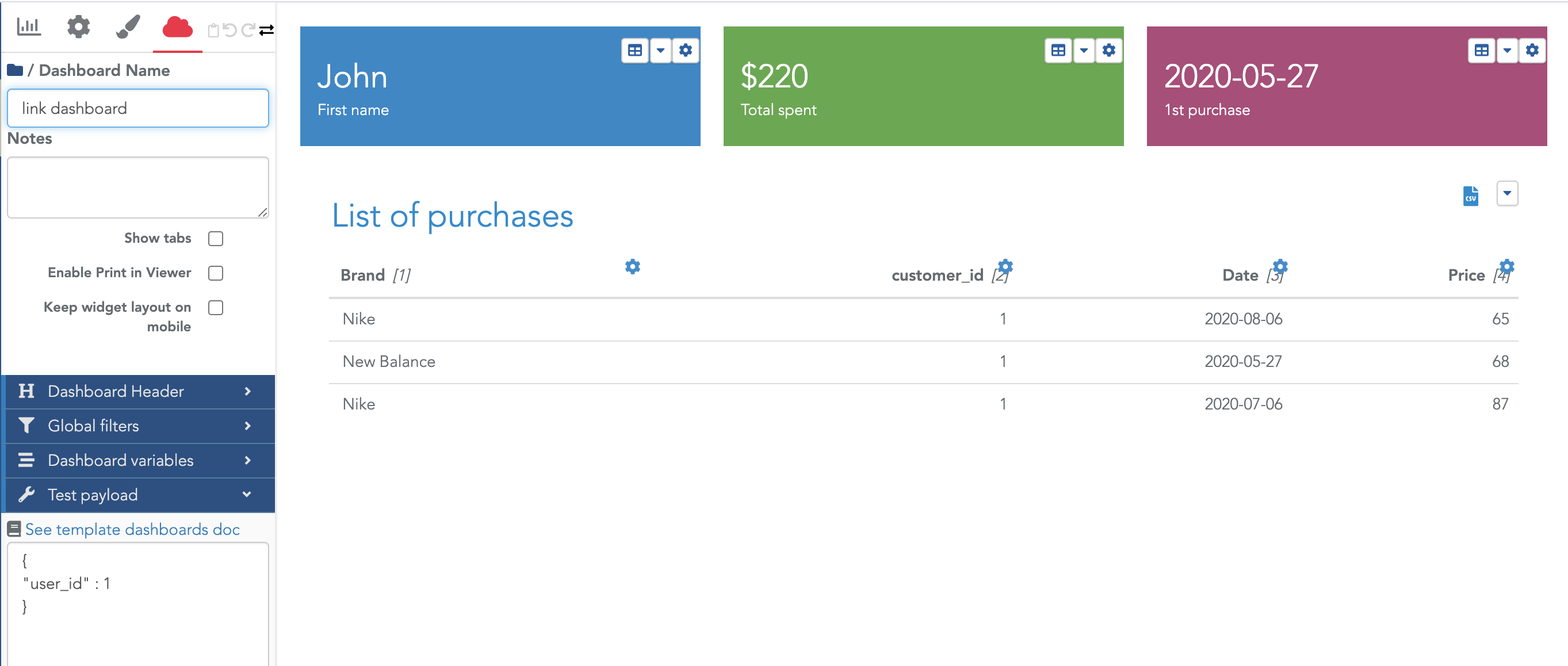 Using test payload to test your dashboard filters