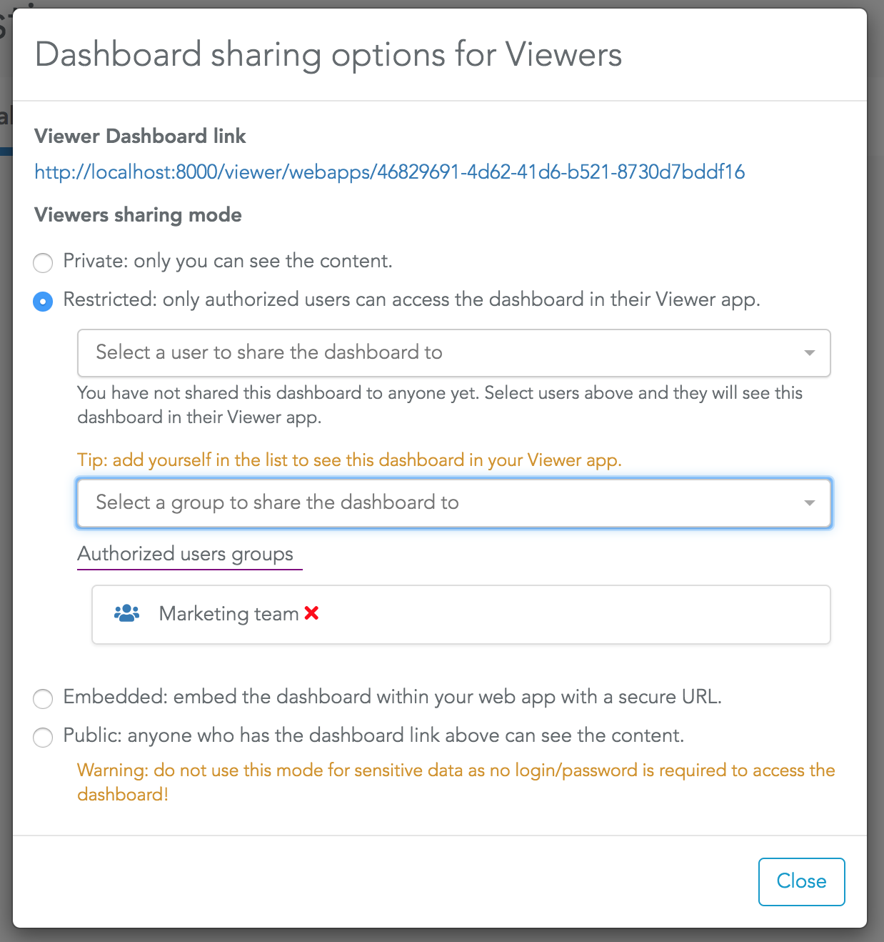 Share a dashboard to a group